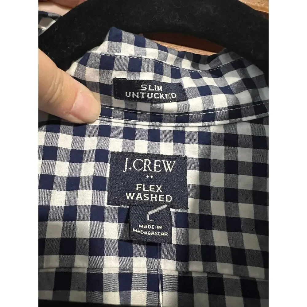 NWT J. Crew Men's FLAW Slim Untucked Flex Button Down Shirt Gingham Blue White L